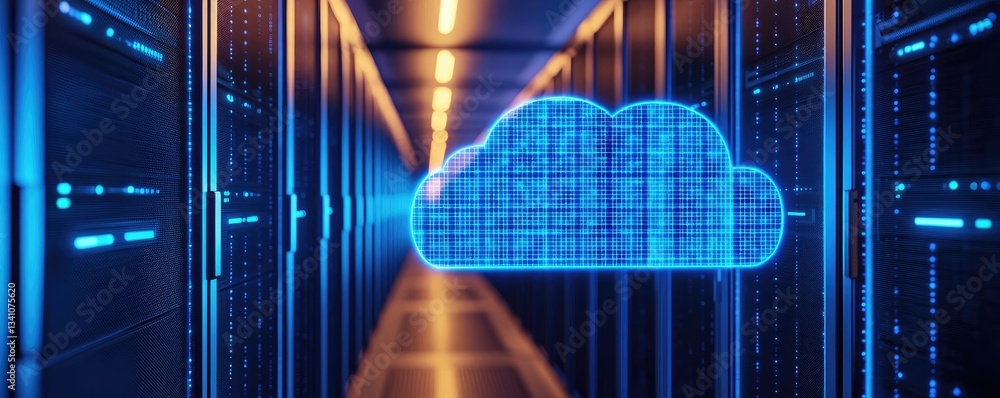 Poster Cybersecurity data protection in database computing concept. Digital cloud computing concept with servers and data access.