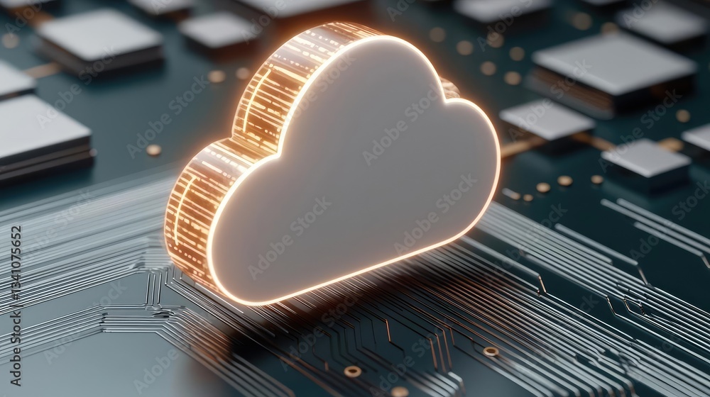 Poster Cybersecurity database computing and data protection concept. Stylized cloud symbol on a circuit board background.