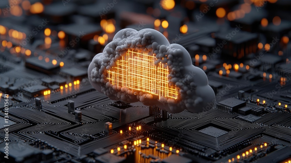 Aufkleber Cybersecurity database computing and data protection concept. Abstract cloud computing concept with glowing circuit design.