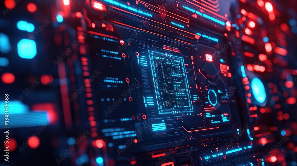 Aufkleber Cybersecurity data protection in database computing concept. Futuristic digital interface with glowing red and blue elements.