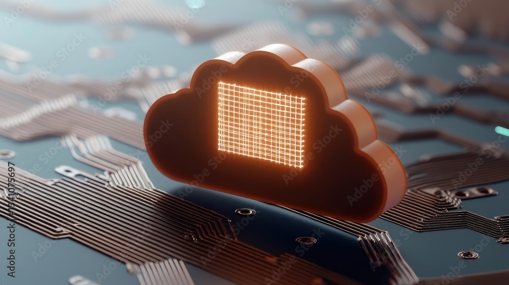 Aufkleber Cybersecurity database computing and data protection concept. 3D cloud icon on a circuit board, symbolizing digital connectivity.
