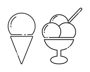 Ice cream scoop cone and 3 ice cream ball bowl with spoon Linear Icon Sticker Logo design idea Set 2