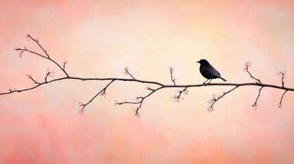 Silhouette of Bird on Branch Against Soft Pastel Backgrounds