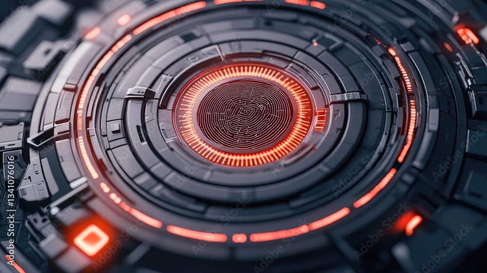 Poster Cybersecurity data protection in database computing concept. Futuristic technological design with glowing circular elements.
