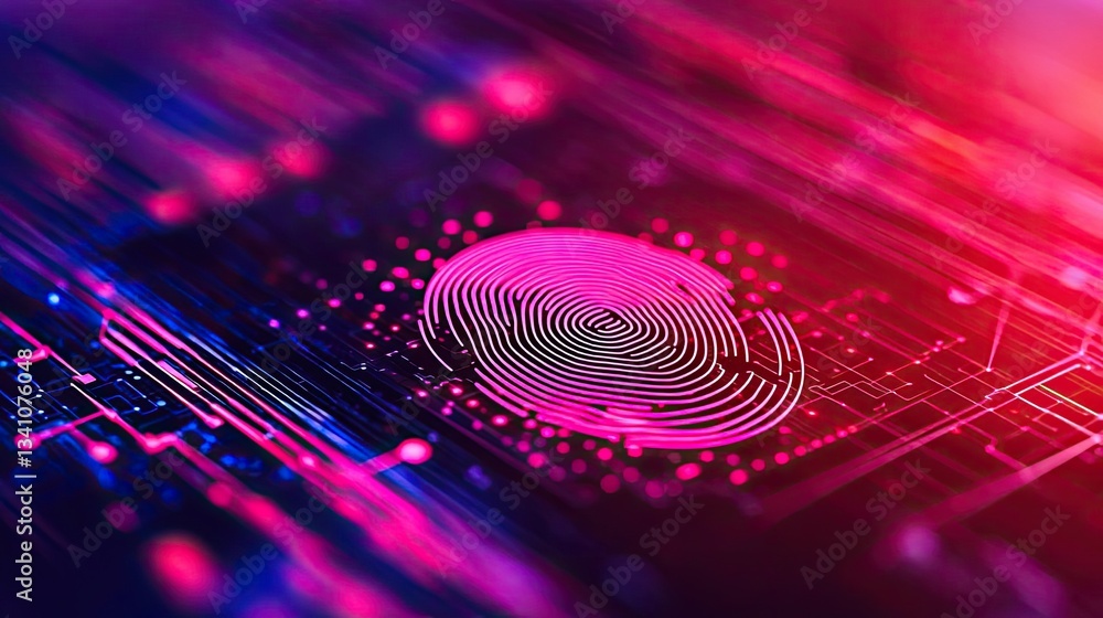 Aufkleber Cybersecurity database computing and data protection concept. Futuristic fingerprint scan on a vibrant digital background.