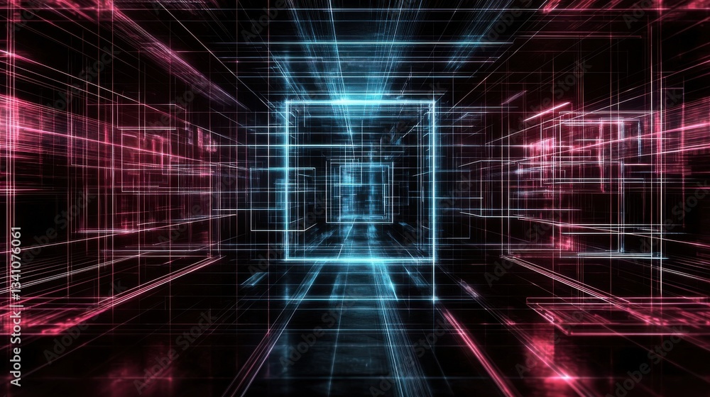 Poster immersive digital landscape featuring a futuristic neon tunnel with a glowing geometric data grid sh