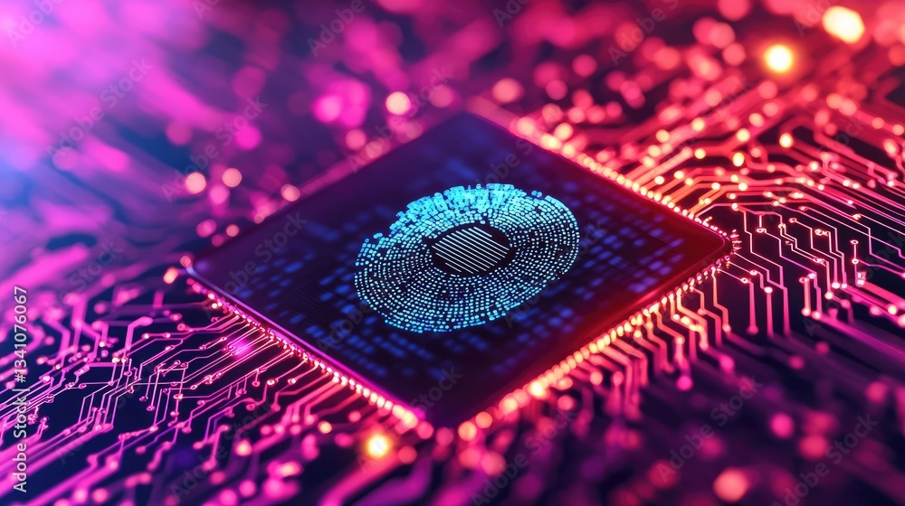 Aufkleber Cybersecurity database computing and data protection concept. Close-up of a colorful microchip on a circuit board.