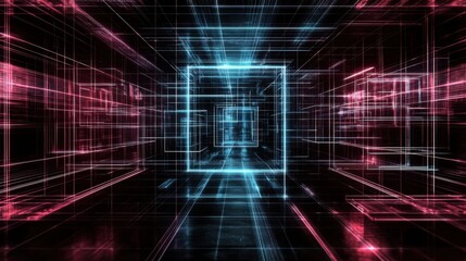 Immersive digital landscape featuring a futuristic neon tunnel with a glowing geometric data grid showcasing a sci fi inspired atmosphere of technological convergence and dimensional
