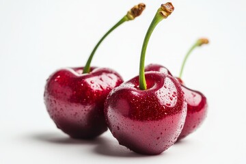 High-Resolution Realistic Cherry Photograph with Cinematic Lighting on White Background, Professional Color Grading, and Sharp Focus