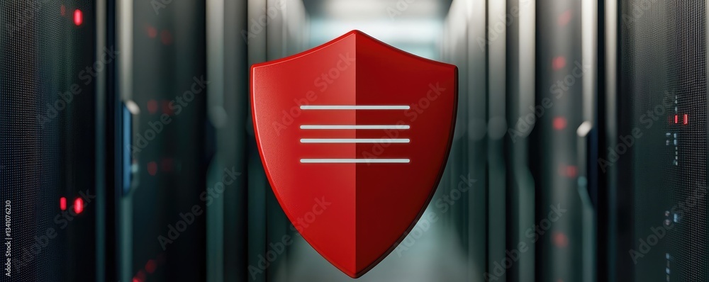 Aufkleber Cybersecurity database computing and data protection concept. Red shield symbolizing cybersecurity in a data center.