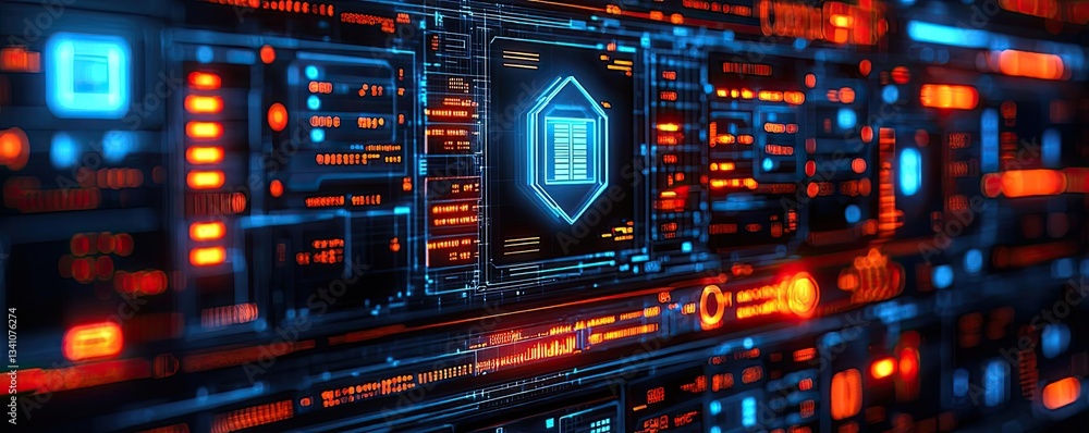 Aufkleber Cybersecurity data protection in database computing concept. Futuristic digital panel with vibrant blue and orange circuitry.