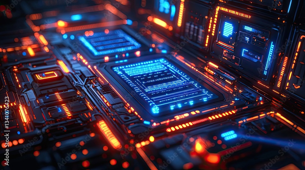 Poster Cybersecurity database computing and data protection concept. Futuristic circuit board with glowing blue and orange lights.