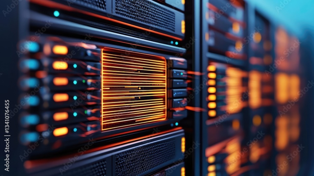 Aufkleber Cybersecurity protection in cyberspace and computing concept. Close-up of a modern data center server with glowing lights.