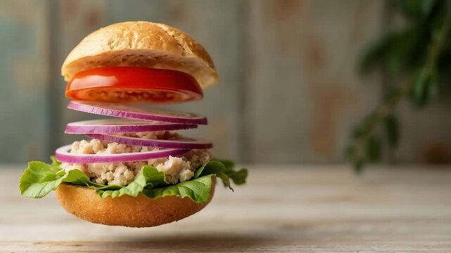 S&aacute;ndwich de ensalada de at&uacute;n con tomate y cebolla morada flotante