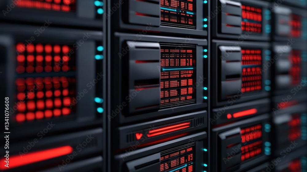 Poster Cybersecurity protection in cyberspace and computing concept. Close-up of computer server panels with illuminated lights.