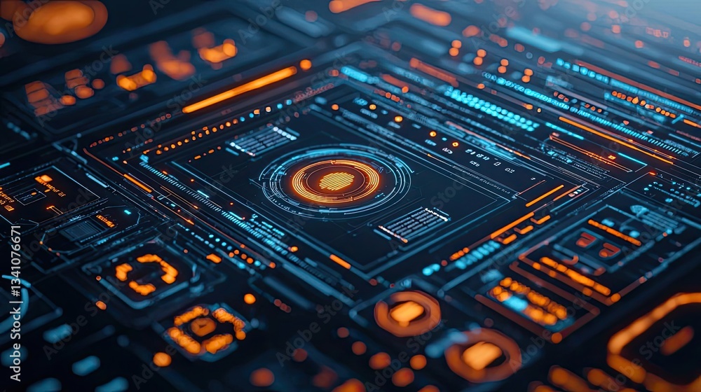 Aufkleber Cybersecurity data protection in database computing concept. Futuristic digital interface with glowing elements and patterns.