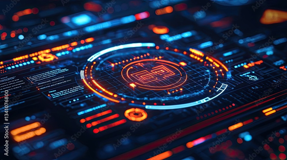 Poster Cybersecurity protection in cyberspace and computing concept. Futuristic digital interface displaying data and graphs.