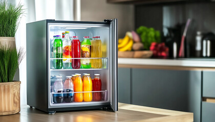 Mini refrigerator with different drinks and snake