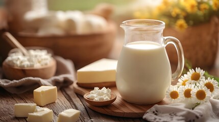 Close-up of a milk jug on a wooden kitchen surface.