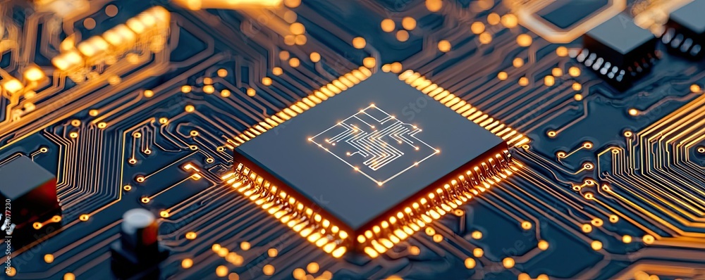 Poster Cybersecurity protection in cyberspace and computing concept. Close-up of a microchip on a circuit board with glowing connections.