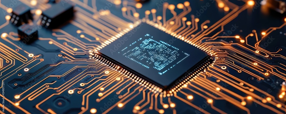 Poster Cybersecurity protection in cyberspace and computing concept. Close-up view of a microchip on a circuit board.