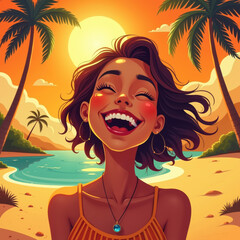 A joyful woman with long, flowing dark hair and hoop earrings, wearing a striped tank top and a blue pendant, stands on a sunny beach, exuding happiness in this vibrant illustration.