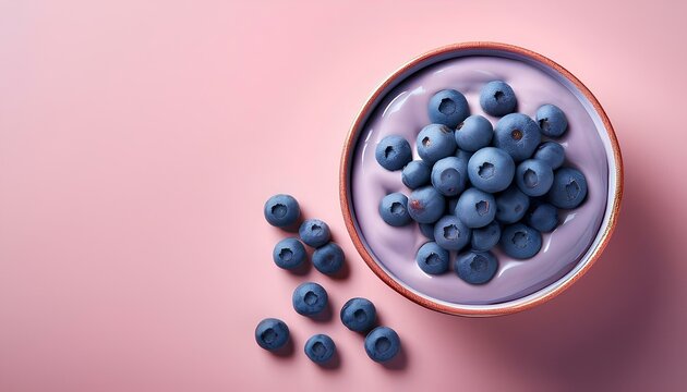 blubbery smoothie with topping blueberries in the bowl on the pastel background with copy space. healthy dessert.