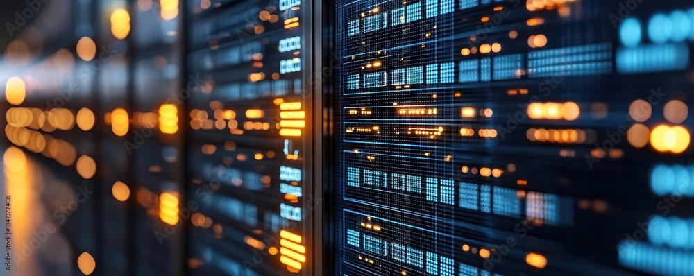 Poster Cybersecurity data protection in database computing concept. Modern server rack with glowing data connections and lights.