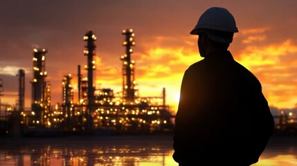 Silhouetted worker standing in front of a large industrial refinery plant with towering structures and storage tanks during a vibrant colorful sunset sky