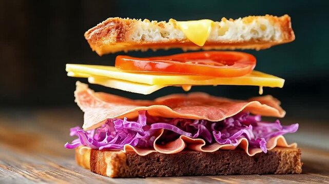 S&aacute;ndwich gourmet con embutido, queso y col morada en composici&oacute;n flotante
