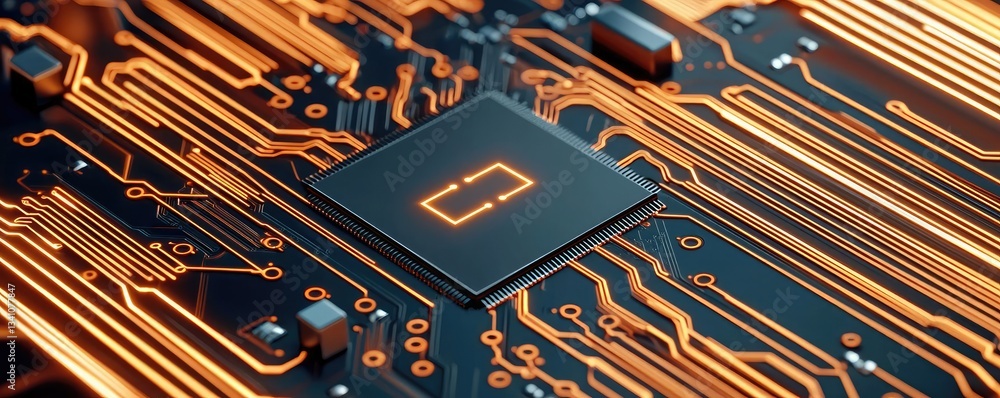 Poster Cybersecurity protection in cyberspace and computing concept. Close-up of a circuit board with a central processing unit.