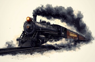 Obraz premium Vintage Steam Locomotive Illustration in Black and White with Bold Graphics and Dramatic Lighting