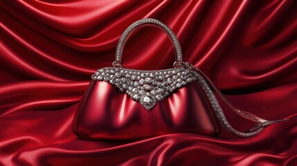 Fototapeta premium A fashion-forward diamond purse beautifully displayed on a silky red draped fabric