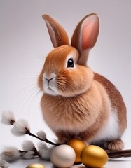 Cute red Easter bunny with beige and golden eggs and willow branches on white background