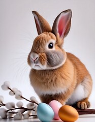 Easter bunny red with grey cheeks, multi-colored eggs and willow branches on white background