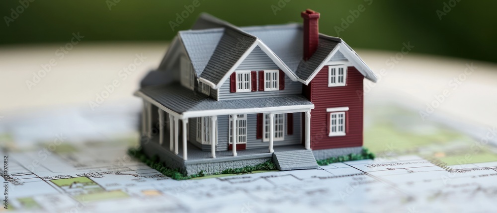 Poster miniature house model placed on architectural blueprint background