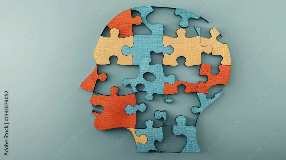 Poster colorful puzzle pieces arranged in the shape of a human head silhouette representing the complex cog