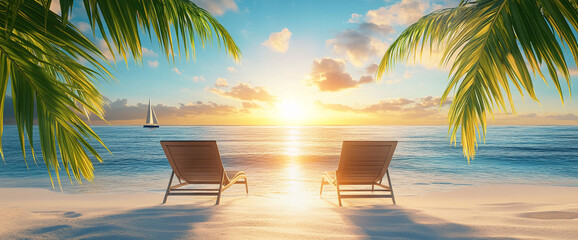 Two empty wooden lounge chairs on a sandy beach at sunset, framed by palm leaves, with a sailboat on calm ocean water in the background, representing tranquility and relaxation