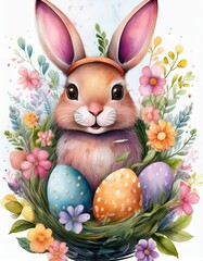 Little rabbit with kind eyes sits among grass and flowers, watercolor composition, poster, postcard