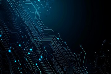 Abstract close-up of a glowing blue digital circuit board, showcasing intricate connections and technological design on a black background.
