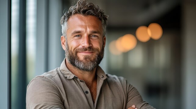 A confident man in cozy attire with a warm smile stands against a blurred background, representing joy and invigoration while illustrating modern lifestyle charm.