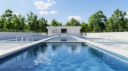 Wastewater treatment facility with filtration tanks and green energy integration. High-resolution engineering concept with sharp clarity.