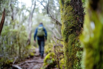 Hiking through a lush forest.  A hiker walks a trail amidst mossy trees