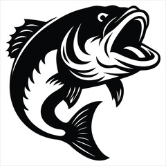 Naklejka premium A stylized black fish is depicted mid-jump above stylized water wave Fish silhouette vector art icon isolated on white, vector illustration