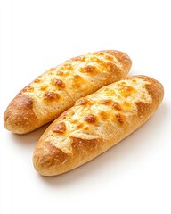 Two oblong loaves of cheesy bread.  Golden-brown crust with melted cheese