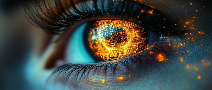 Close-Up of a Scientist's Eye Reflecting Neon Equations and Breakthrough Discoveries in Futuristic Digital Art