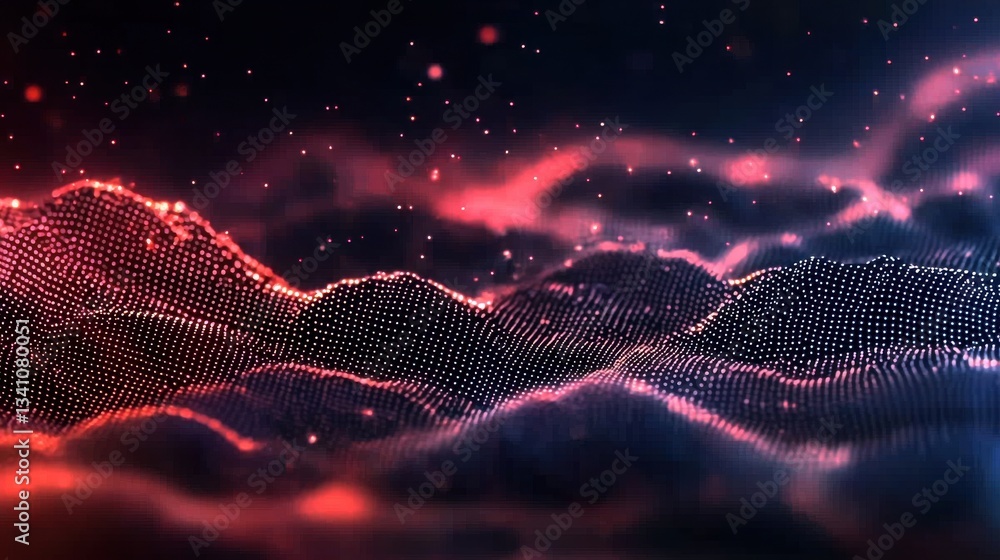 Poster luminous cosmic terrain a futuristic digital landscape with glowing particles dynamic grids and a su