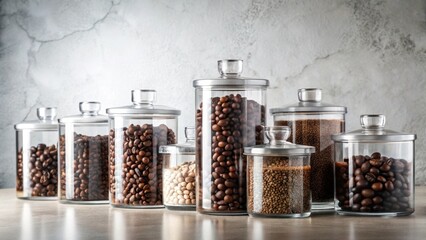 Collection of Glass Canisters Filled with Roasted Coffee Beans and Other Spices
