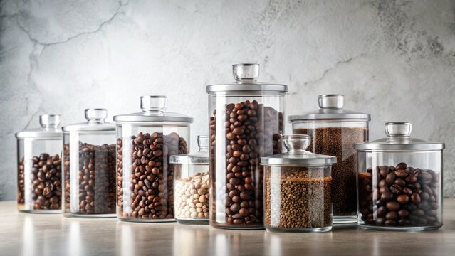 Collection of Glass Canisters Filled with Roasted Coffee Beans and Other Spices