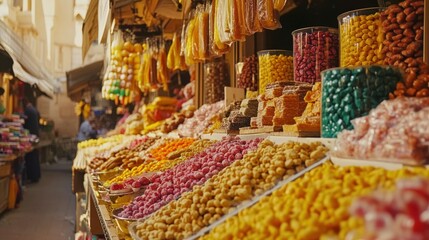 A Vibrant Display of Colorful Candies and Sweets at a bustling Market